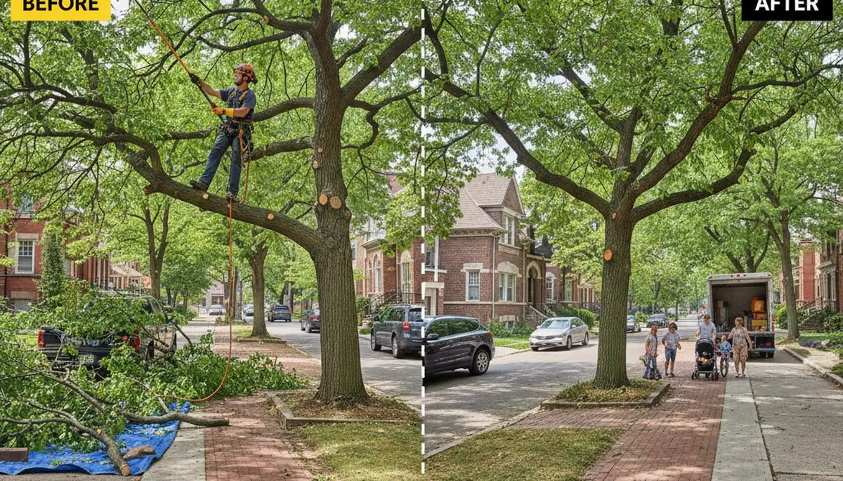 Arborist performing canopy lift tree trimming for improved driveway clearance in Chicago, IL