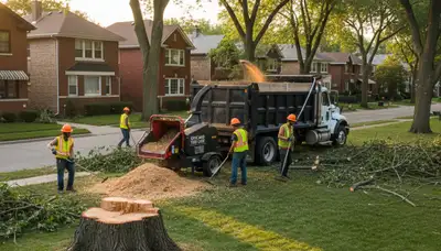 Crew performing debris removal and wood chipping after tree service in Chicago, IL