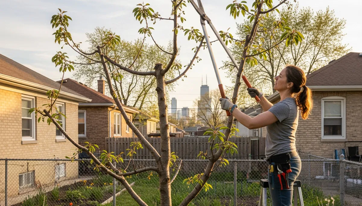 Arborist pruning fruit tree in Chicago IL backyard orchard for healthy growth and professional tree care