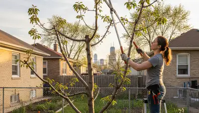 Arborist pruning fruit tree in Chicago IL backyard orchard for healthy growth and professional tree care