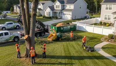 Professional lawn and tree service crew maintaining residential yard in Chicago, IL