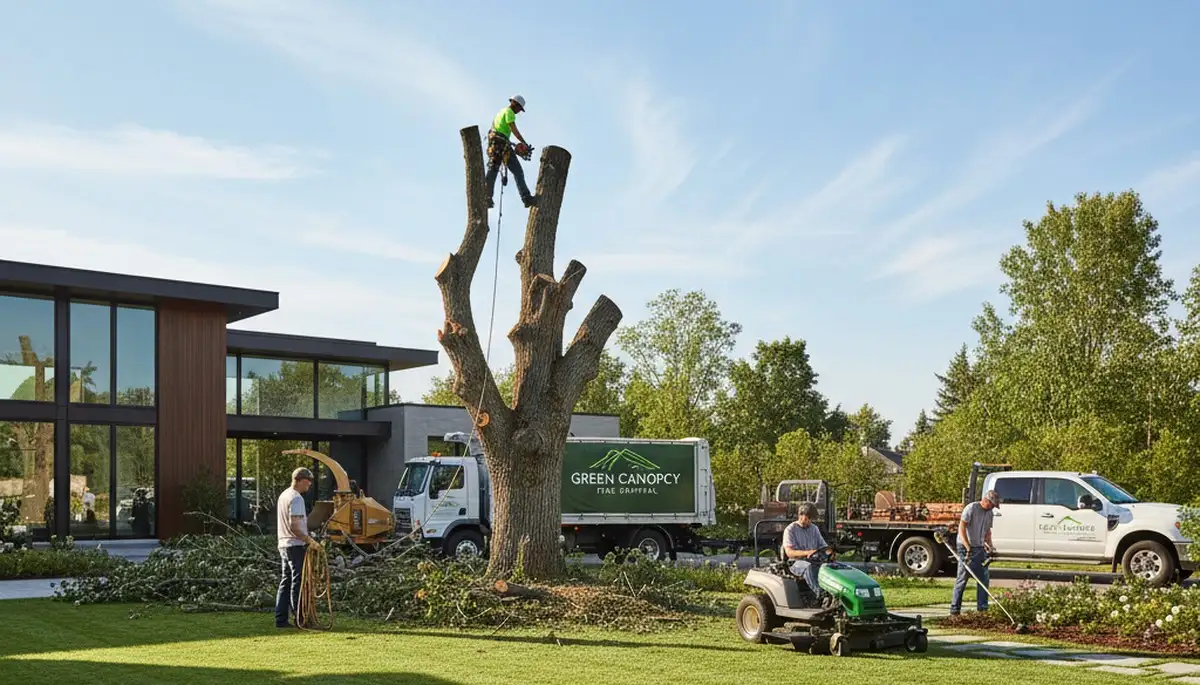 Professional lawn and tree service crew working in a Chicago, IL residential yard