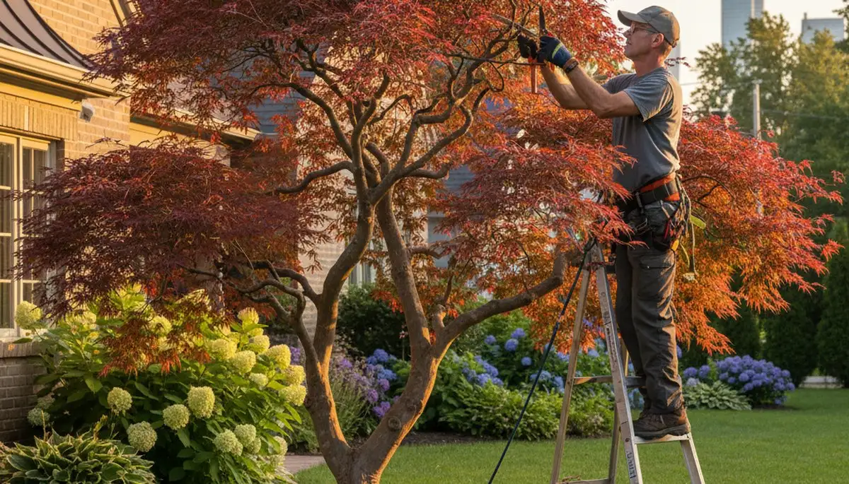 Arborist hand pruning ornamental Japanese maple for landscape tree care in Chicago, IL