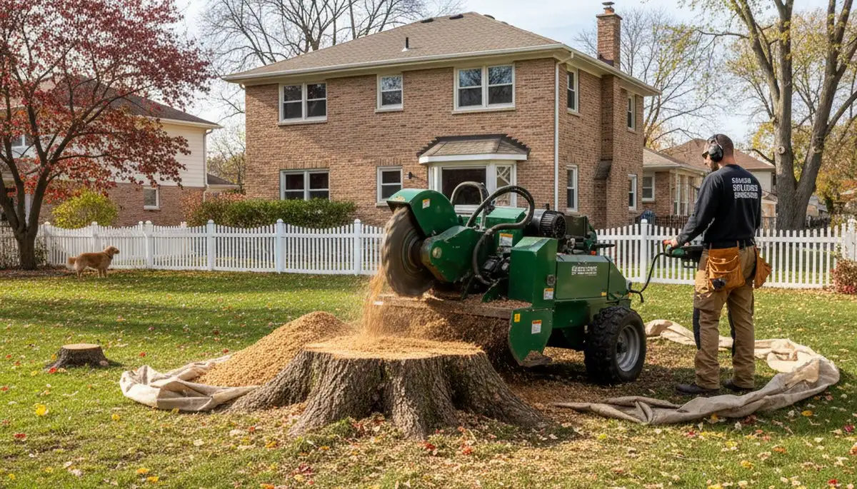 Professional stump grinding service removing tree stump in Chicago, IL for safe, clean lawn restoration