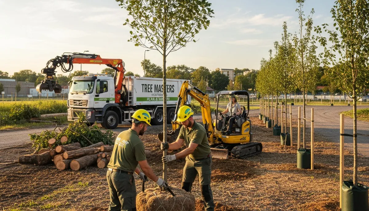 Arborist planting young tree in Chicago, IL yard for Chop Chop Tree professional tree planting service