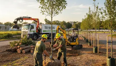 Arborist planting young tree in Chicago, IL yard for Chop Chop Tree professional tree planting service