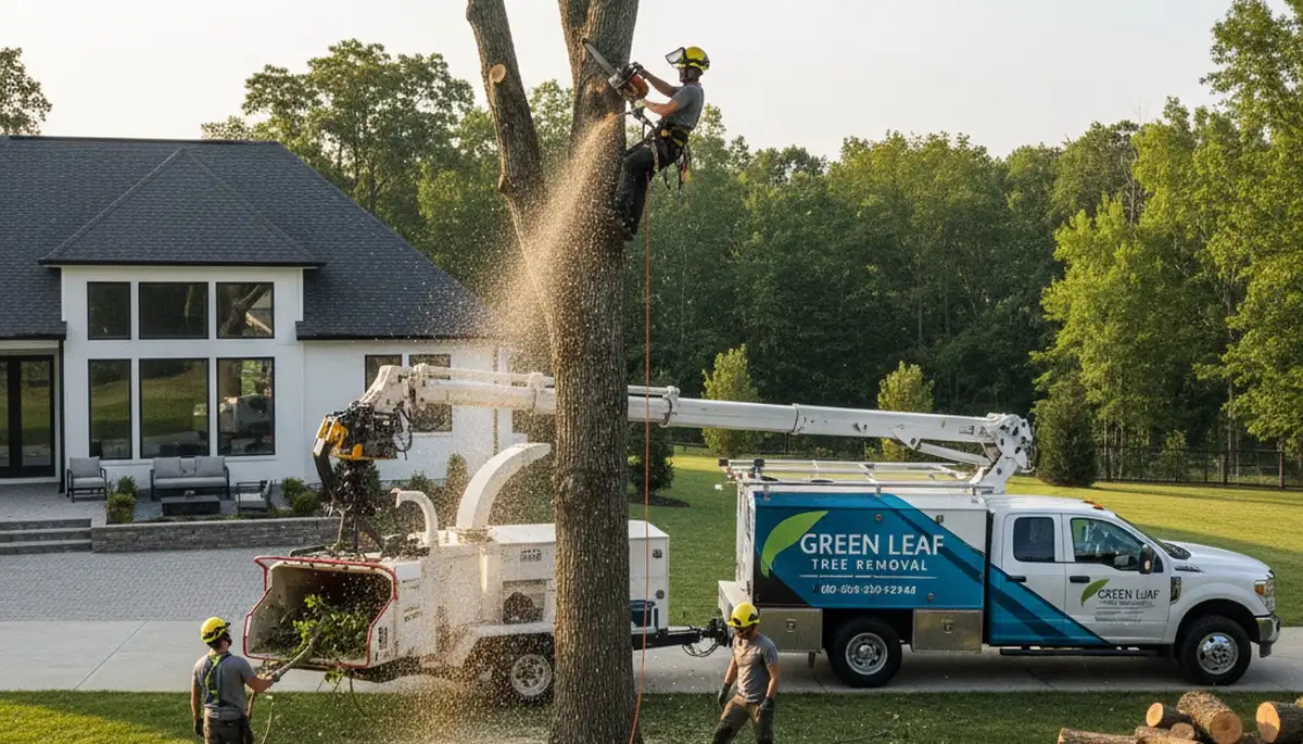 Professional tree removal service in Chicago IL safely cutting down large damaged tree