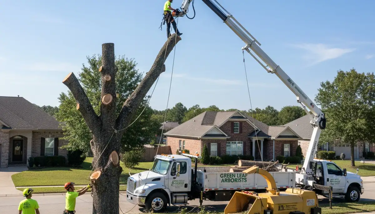 Professional tree removal service in Chicago, IL safely cutting large oak tree branches
