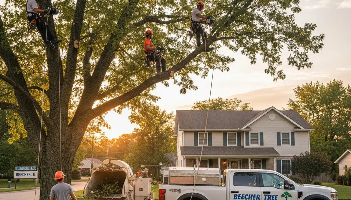 Professional tree removal service crew working in Chicago IL neighborhood