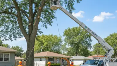 Professional tree removal service crew in Chicago IL clearing large oak safely