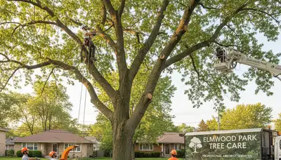 Professional tree removal service crew operating in Chicago IL residential neighborhood