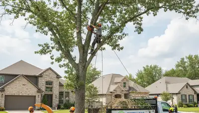 Arborist trimming oak tree branches in Chicago, IL for safe, professional tree care service