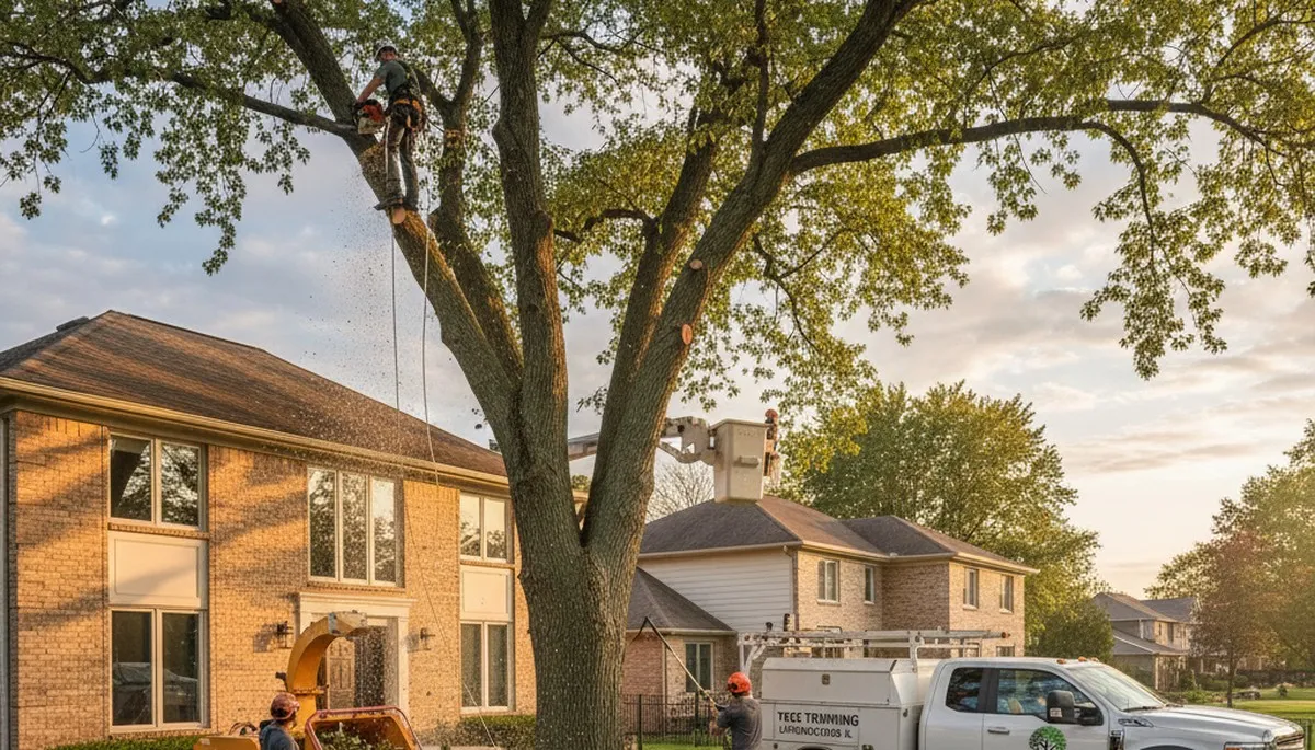 Professional tree removal service in Chicago IL safely cutting and clearing large oak tree