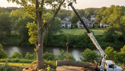 Professional tree removal service crew in Chicago IL safely cutting down large oak tree