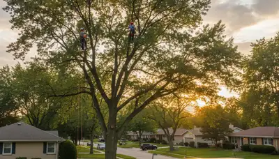 Professional tree removal service crew working safely in Chicago, IL neighborhood